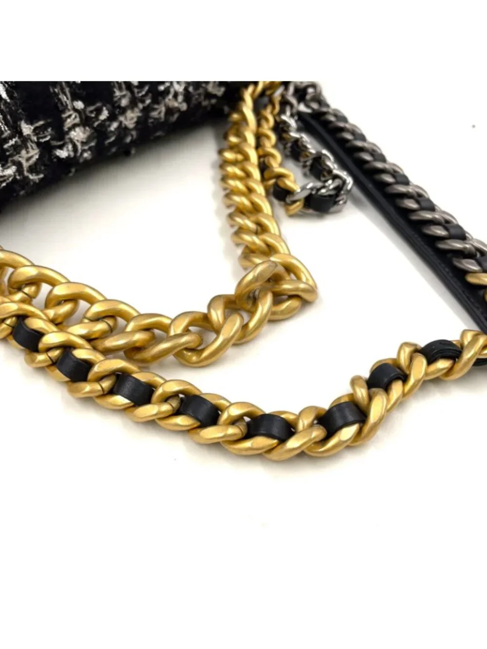 Chanel CC Logo Handle Leather Tweed Black Shoulder Bag Gold